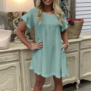 Linen distressed dress with pockets sz S